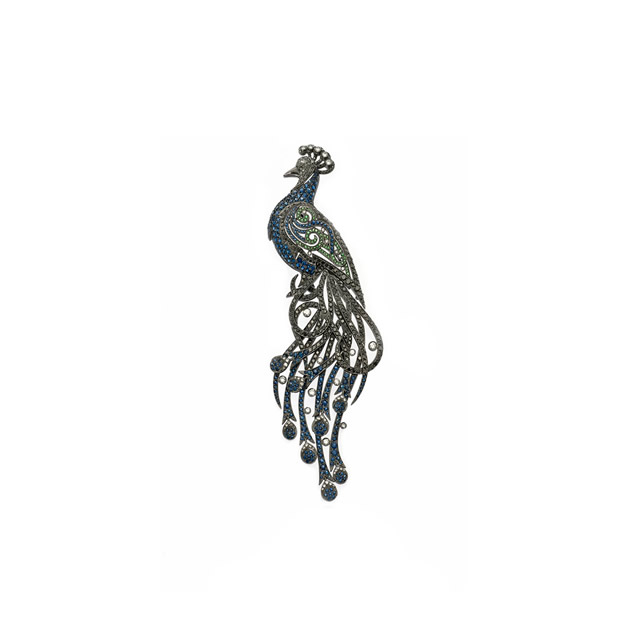SAPPHIRE AND EMERALD PEACOCK BROOCH