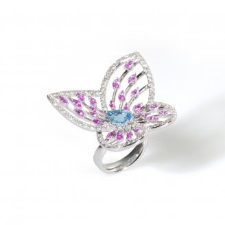 BLUE TOPAZ MARBLED WHITE BUTTERFLY RING